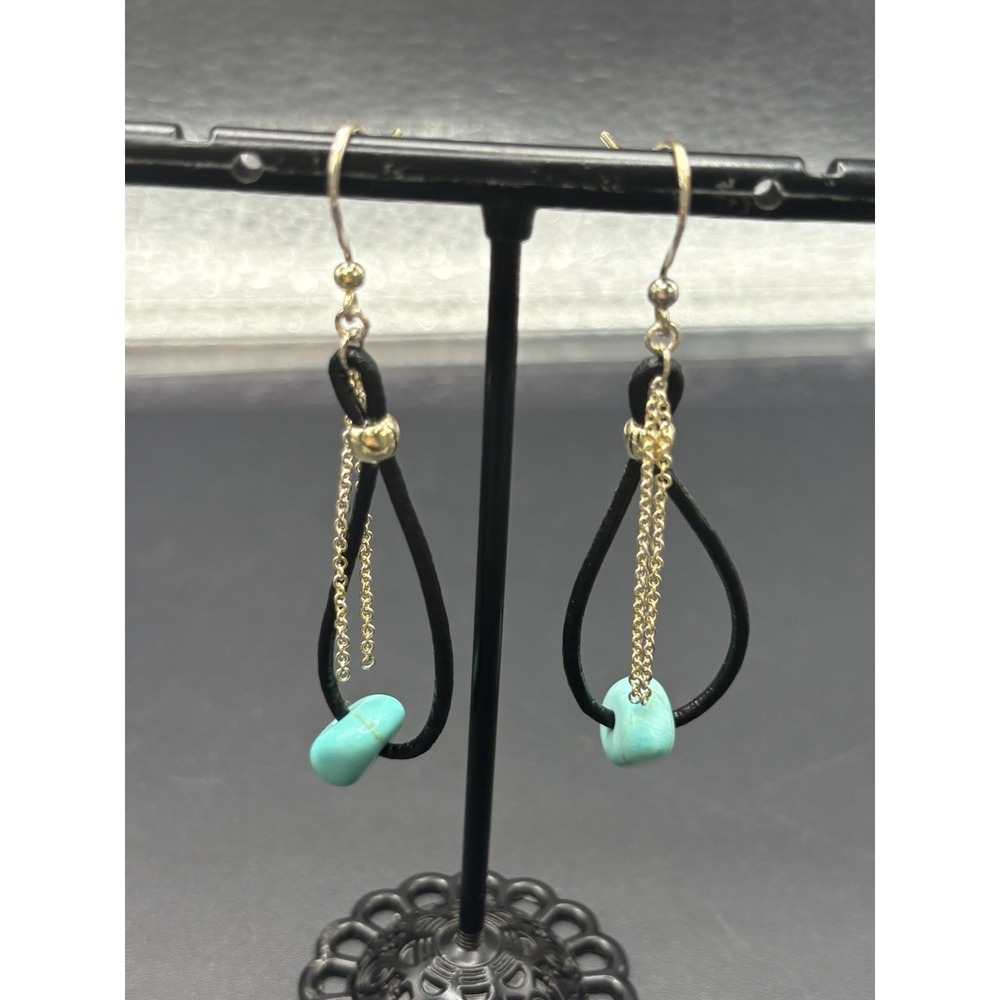Vintage Sterling Silver Leather Turquoise Dangle Earrings 925 F1
